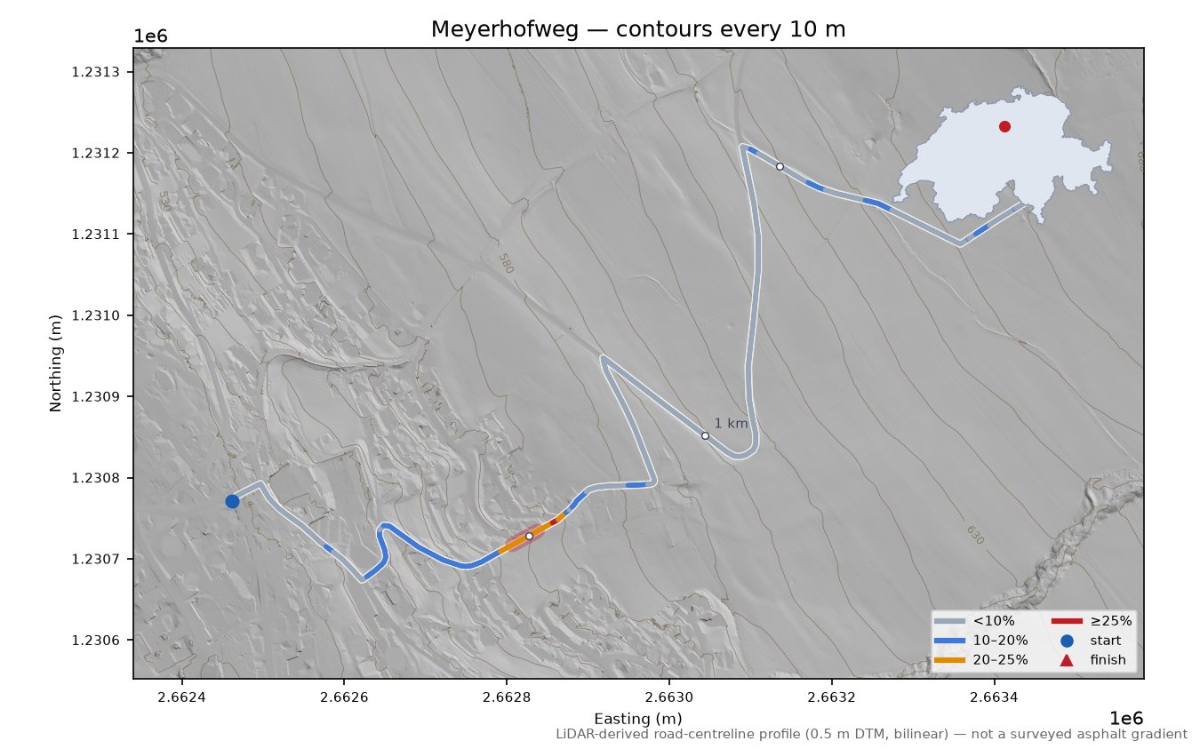Meyerhofweg LiDAR hillshade map with contours