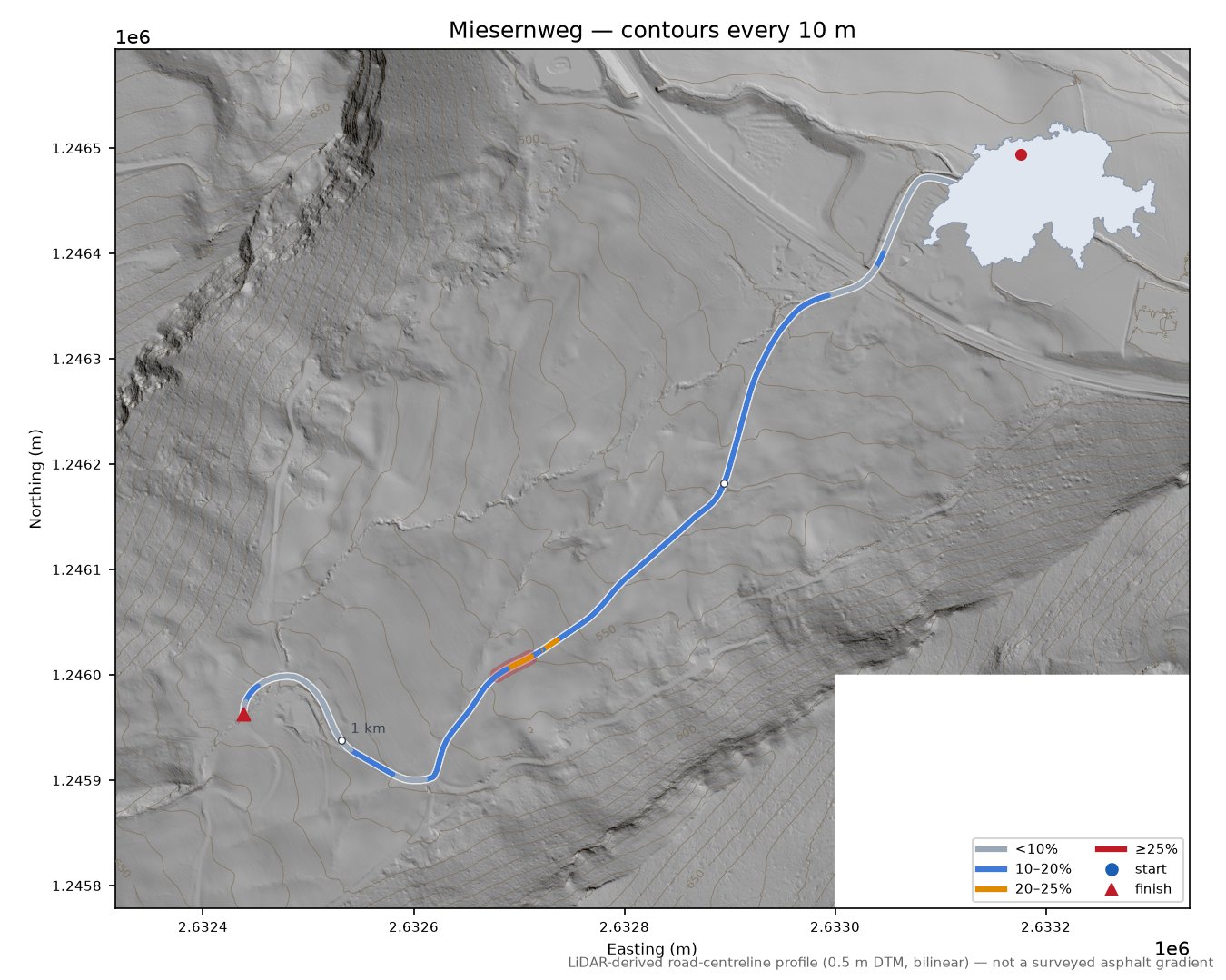 Miesernweg LiDAR hillshade map with contours