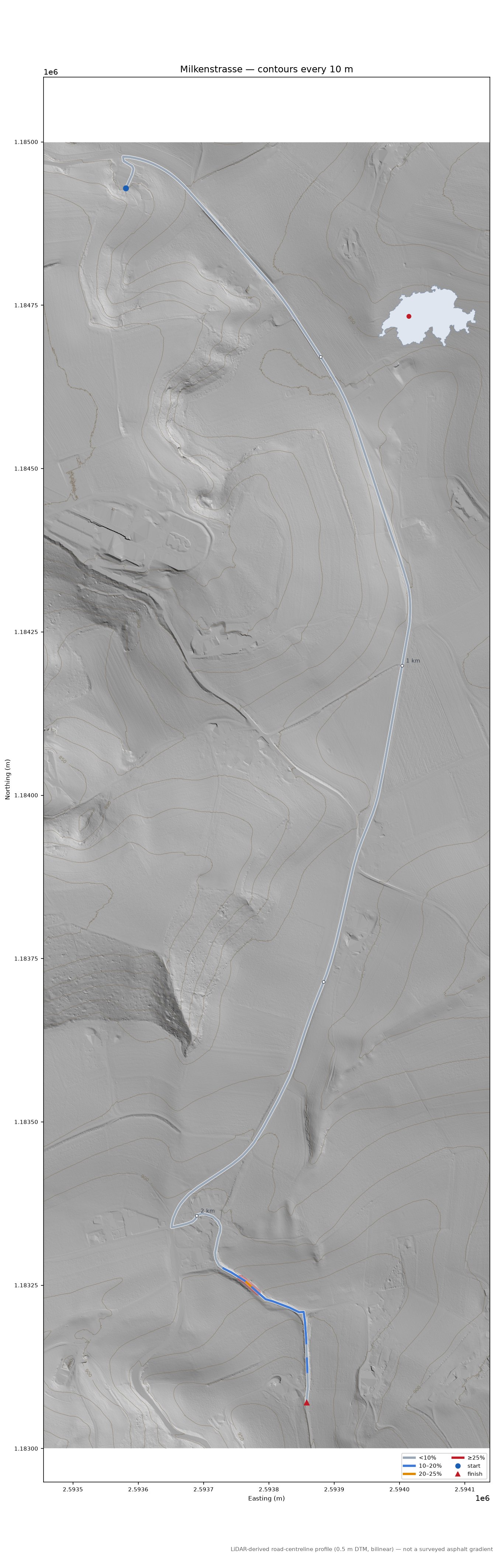Milkenstrasse LiDAR hillshade map with contours