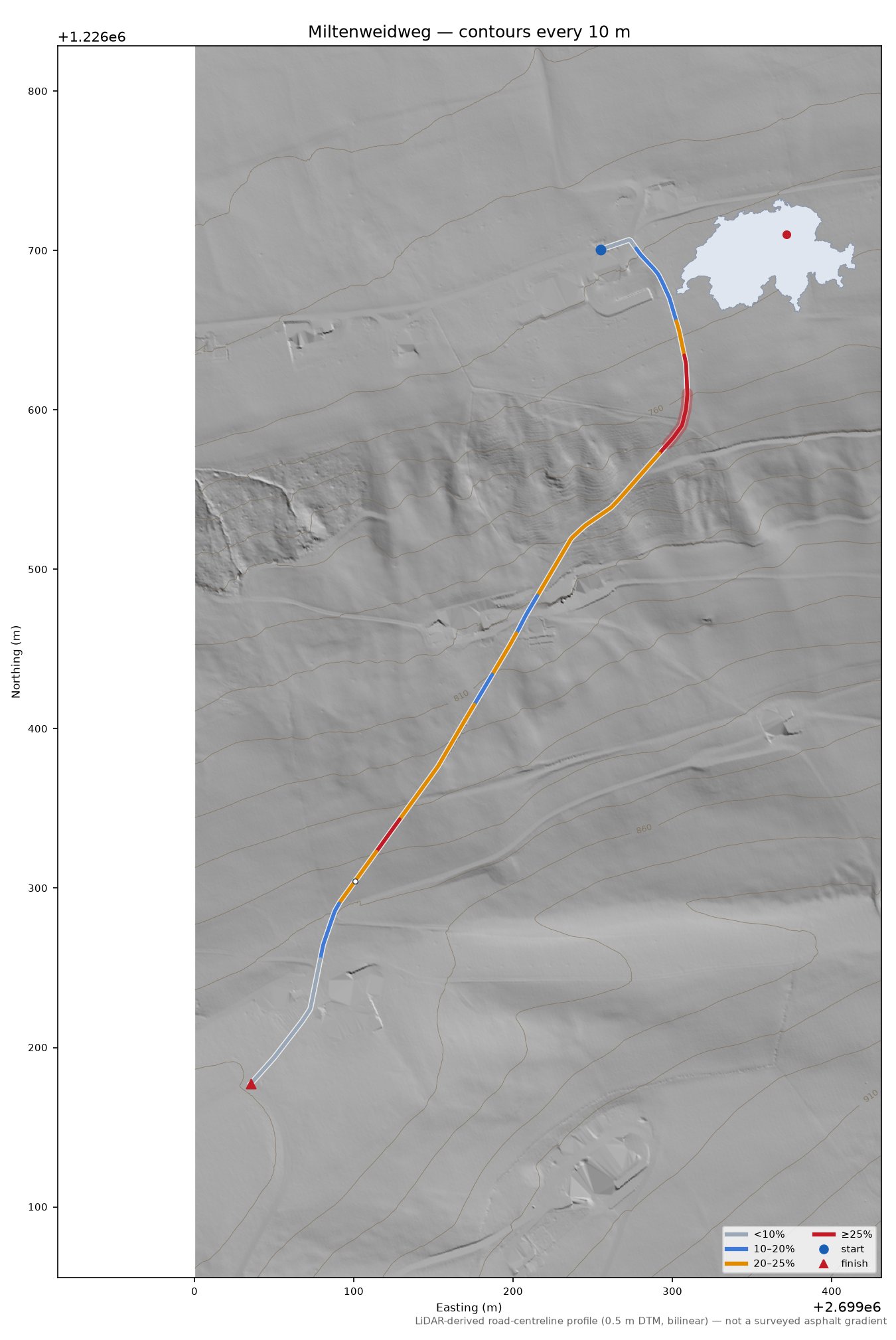 Miltenweidweg LiDAR hillshade map with contours