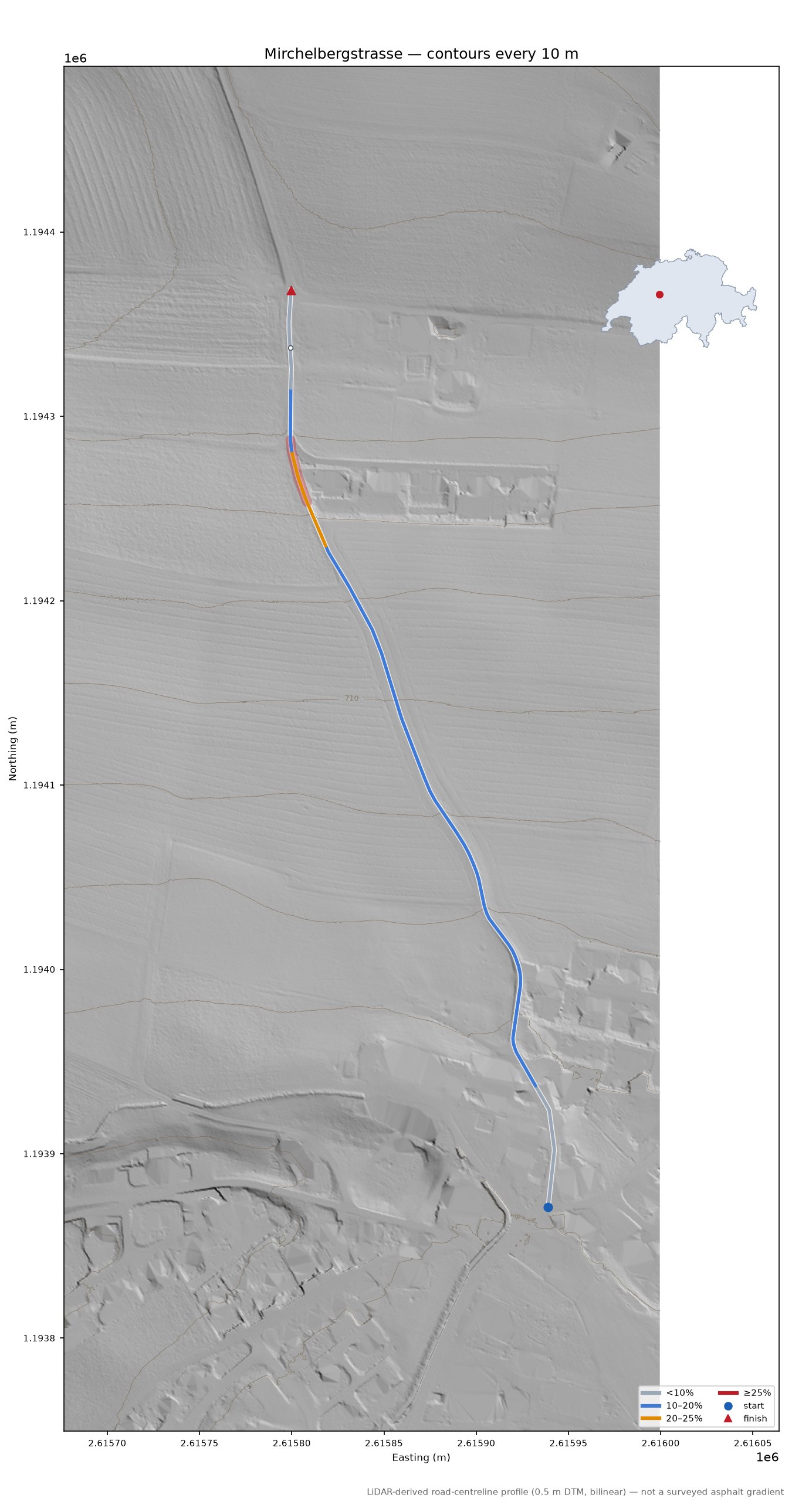Mirchelbergstrasse LiDAR hillshade map with contours