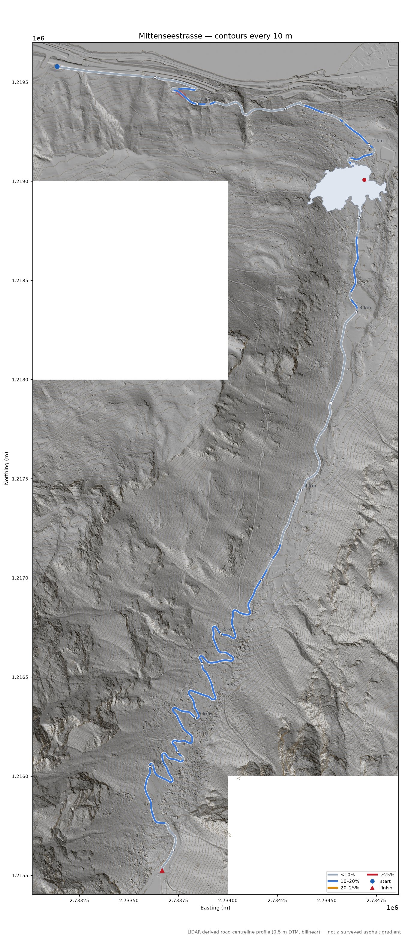 Mittenseestrasse LiDAR hillshade map with contours
