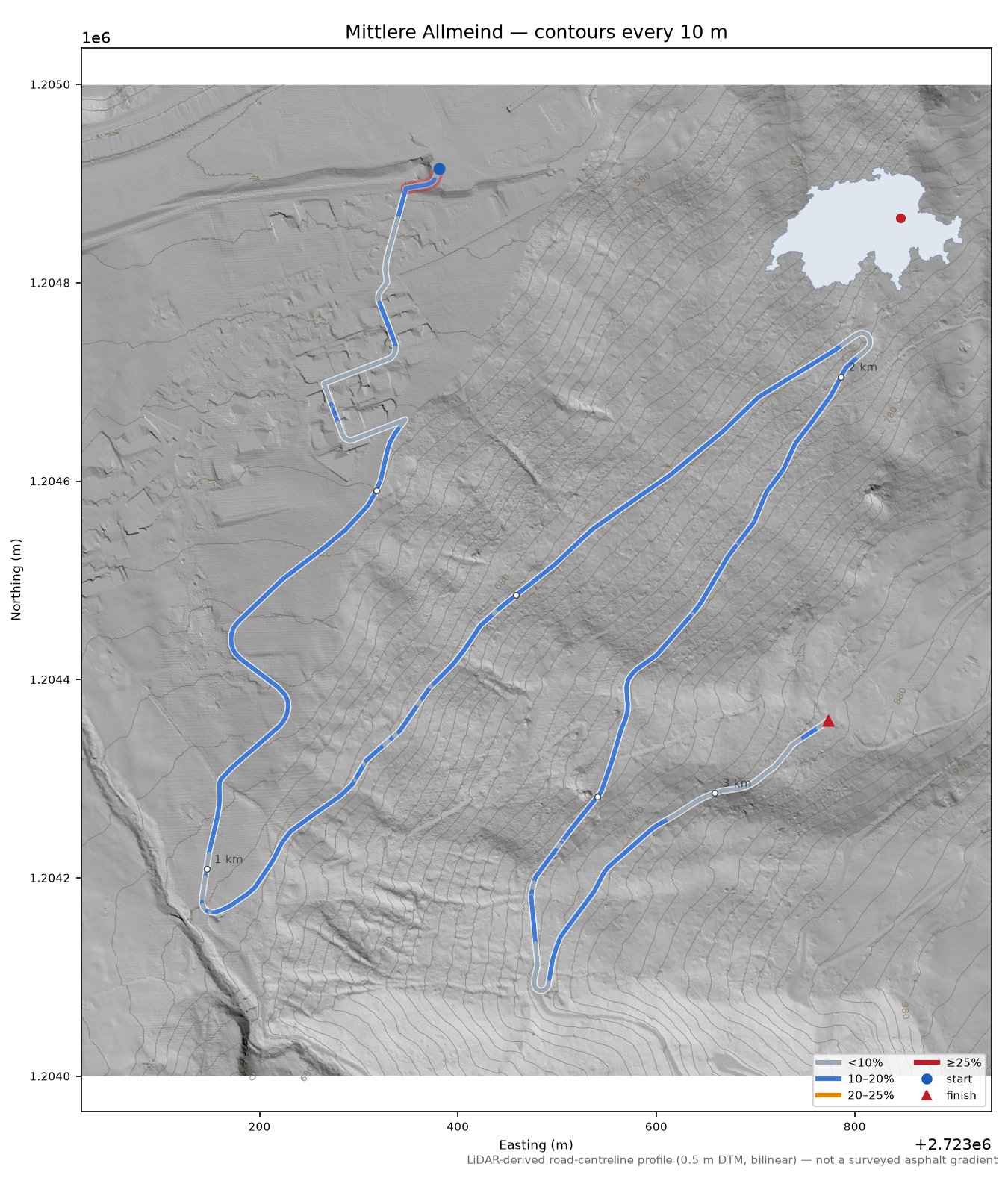 Mittlere Allmeind LiDAR hillshade map with contours
