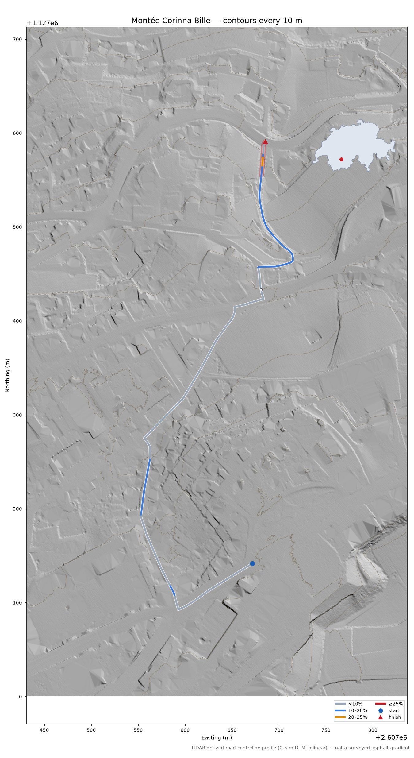 Montée Corinna Bille LiDAR hillshade map with contours