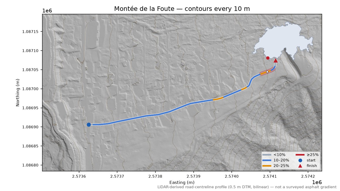 Montée de la Foute LiDAR hillshade map with contours