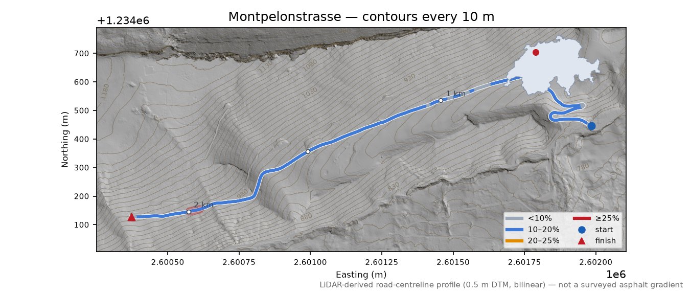 Montpelonstrasse LiDAR hillshade map with contours