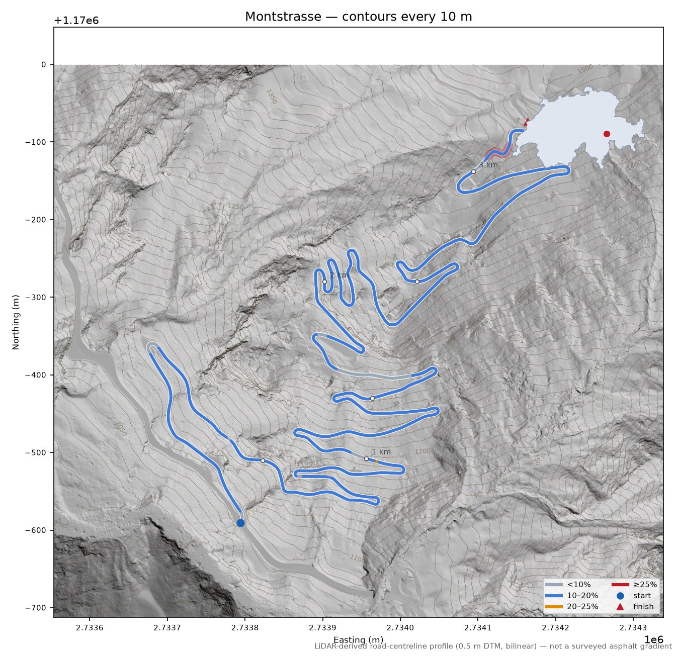Montstrasse LiDAR hillshade map with contours