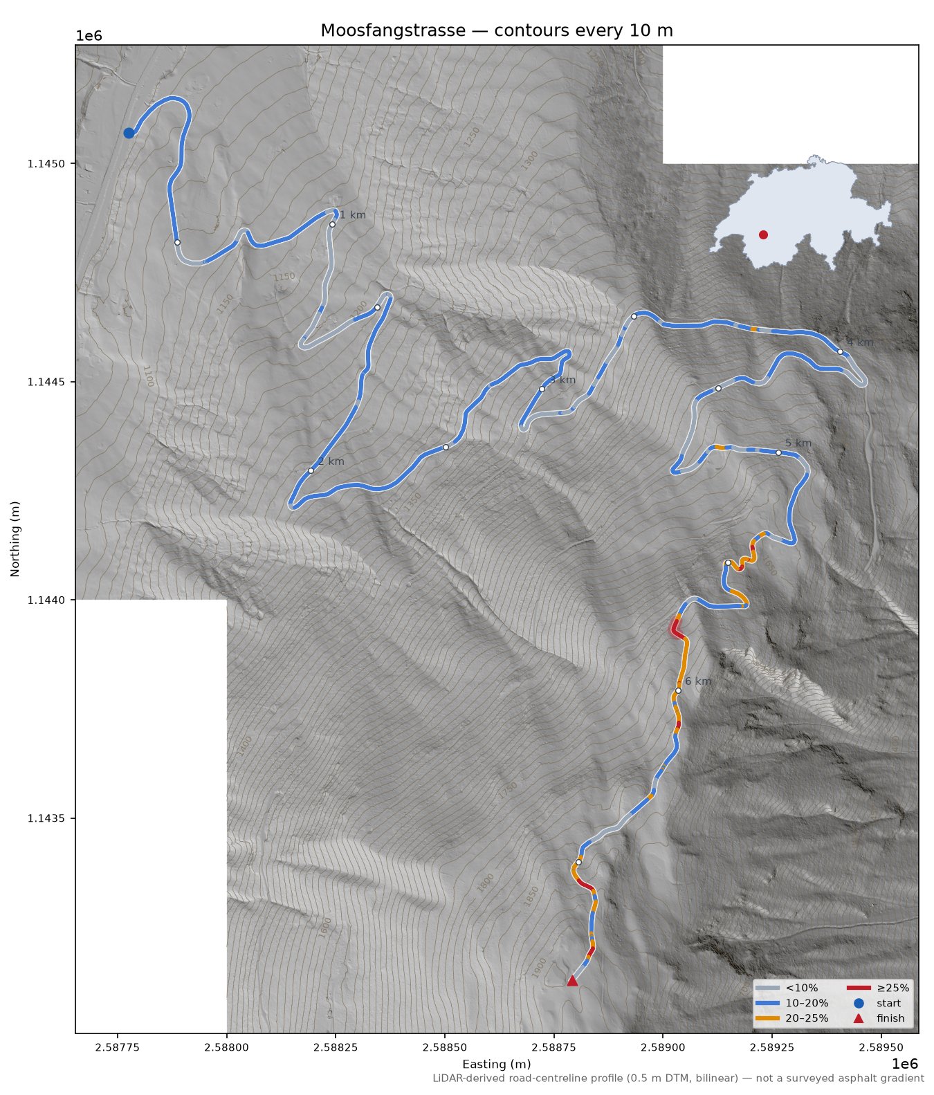 Moosfangstrasse LiDAR hillshade map with contours