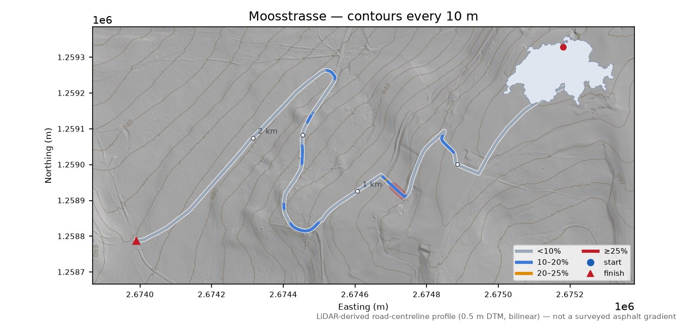 Moosstrasse LiDAR hillshade map with contours