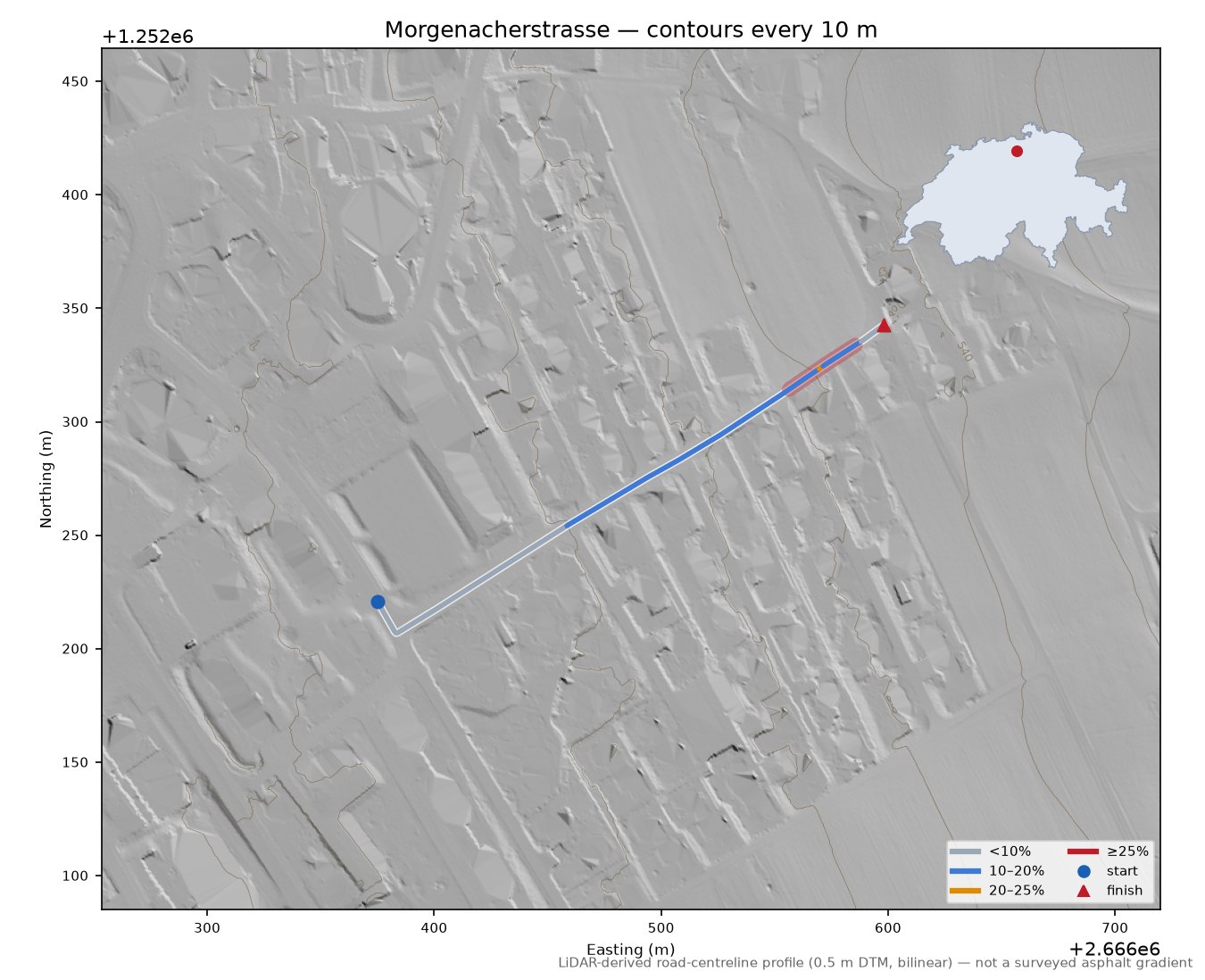 Morgenacherstrasse LiDAR hillshade map with contours