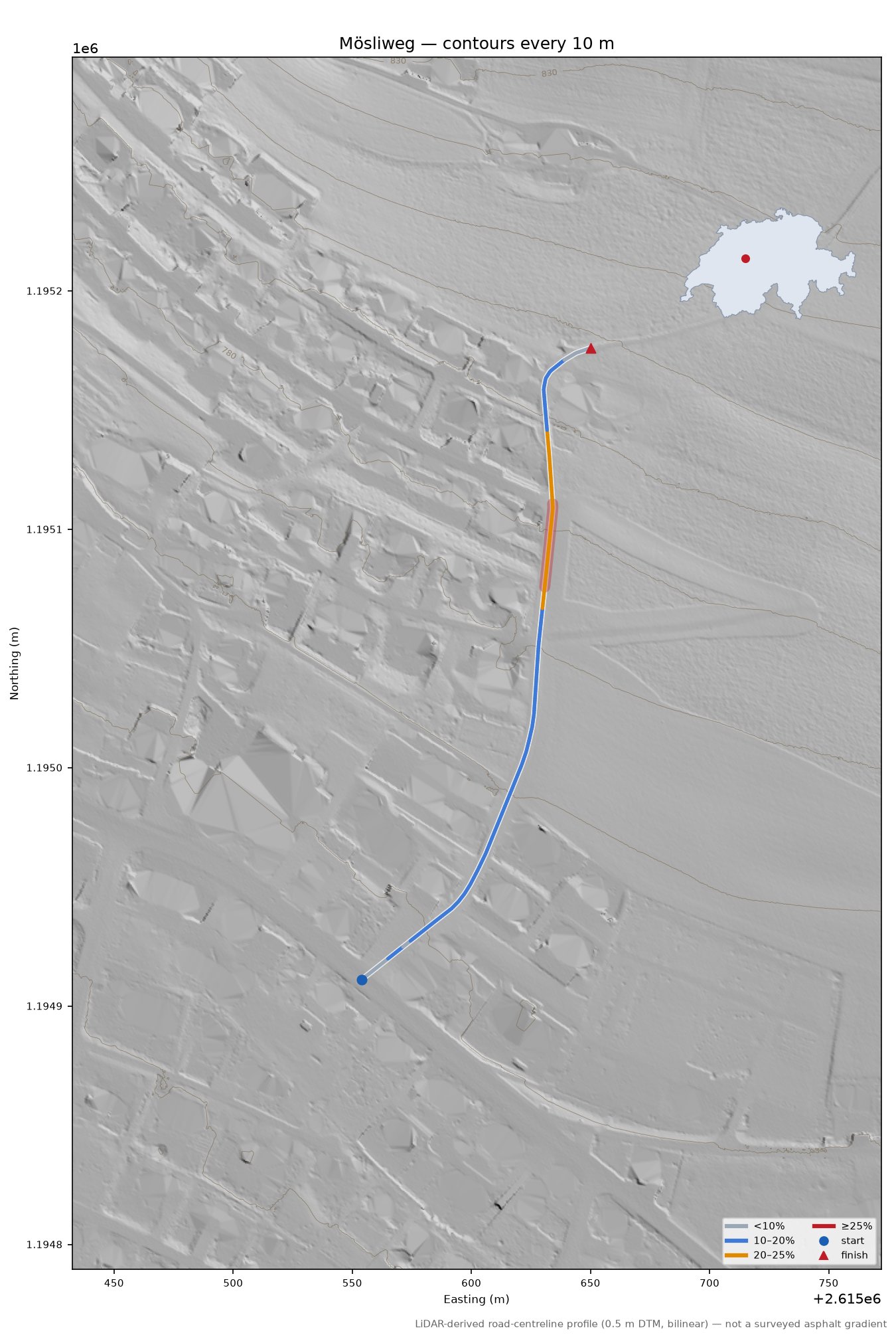 Mösliweg LiDAR hillshade map with contours