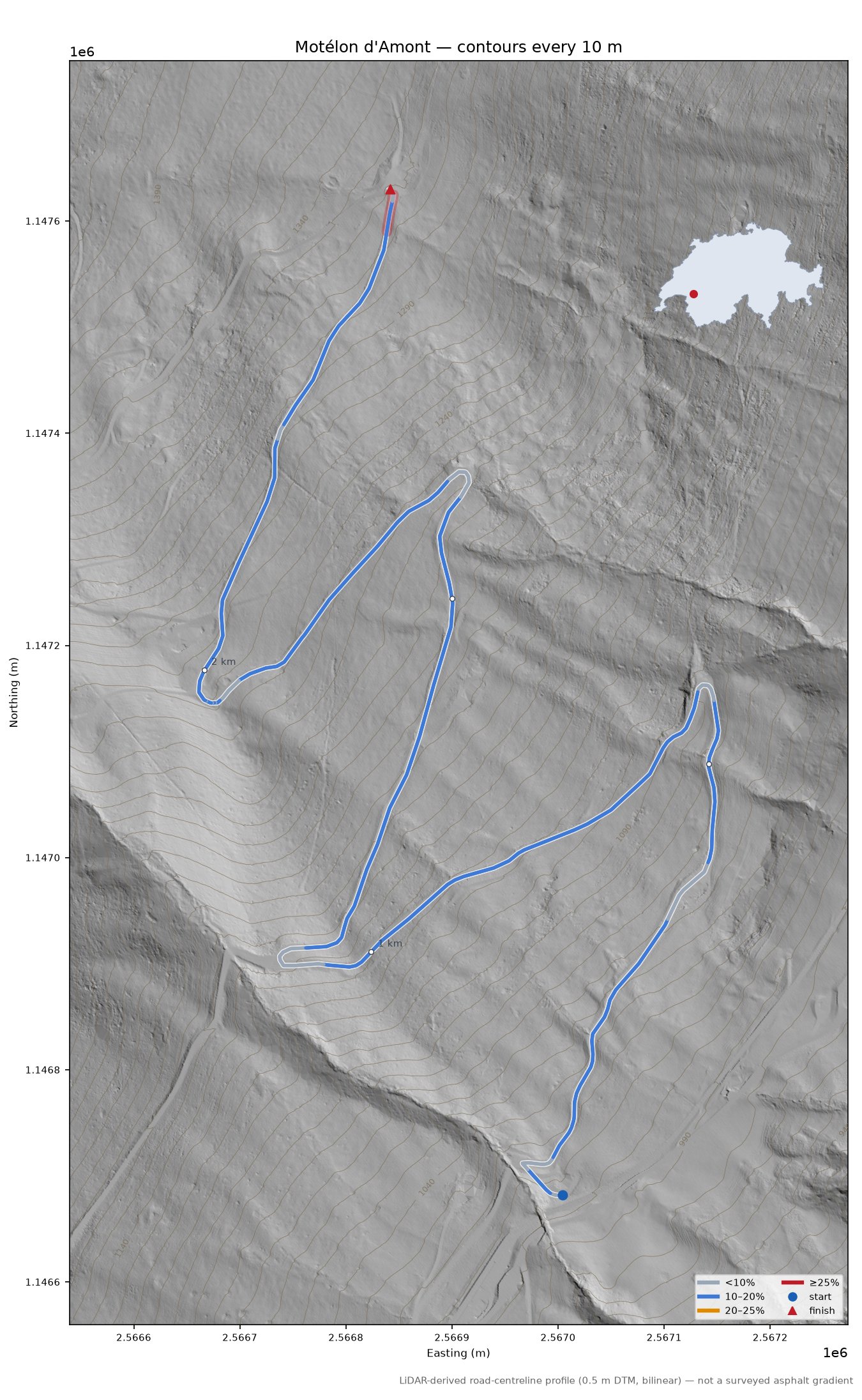 Motélon d'Amont LiDAR hillshade map with contours