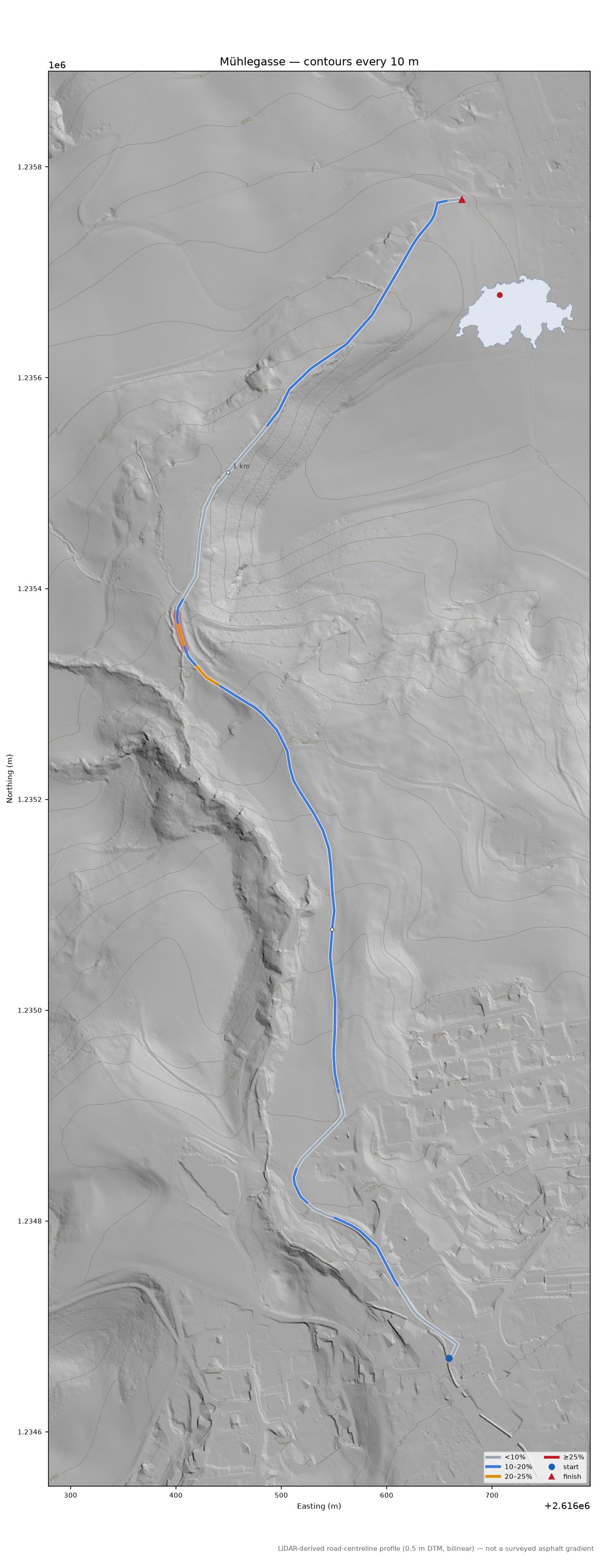 Mühlegasse LiDAR hillshade map with contours