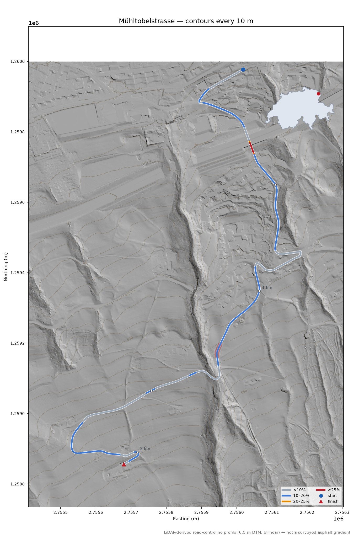 Mühltobelstrasse LiDAR hillshade map with contours