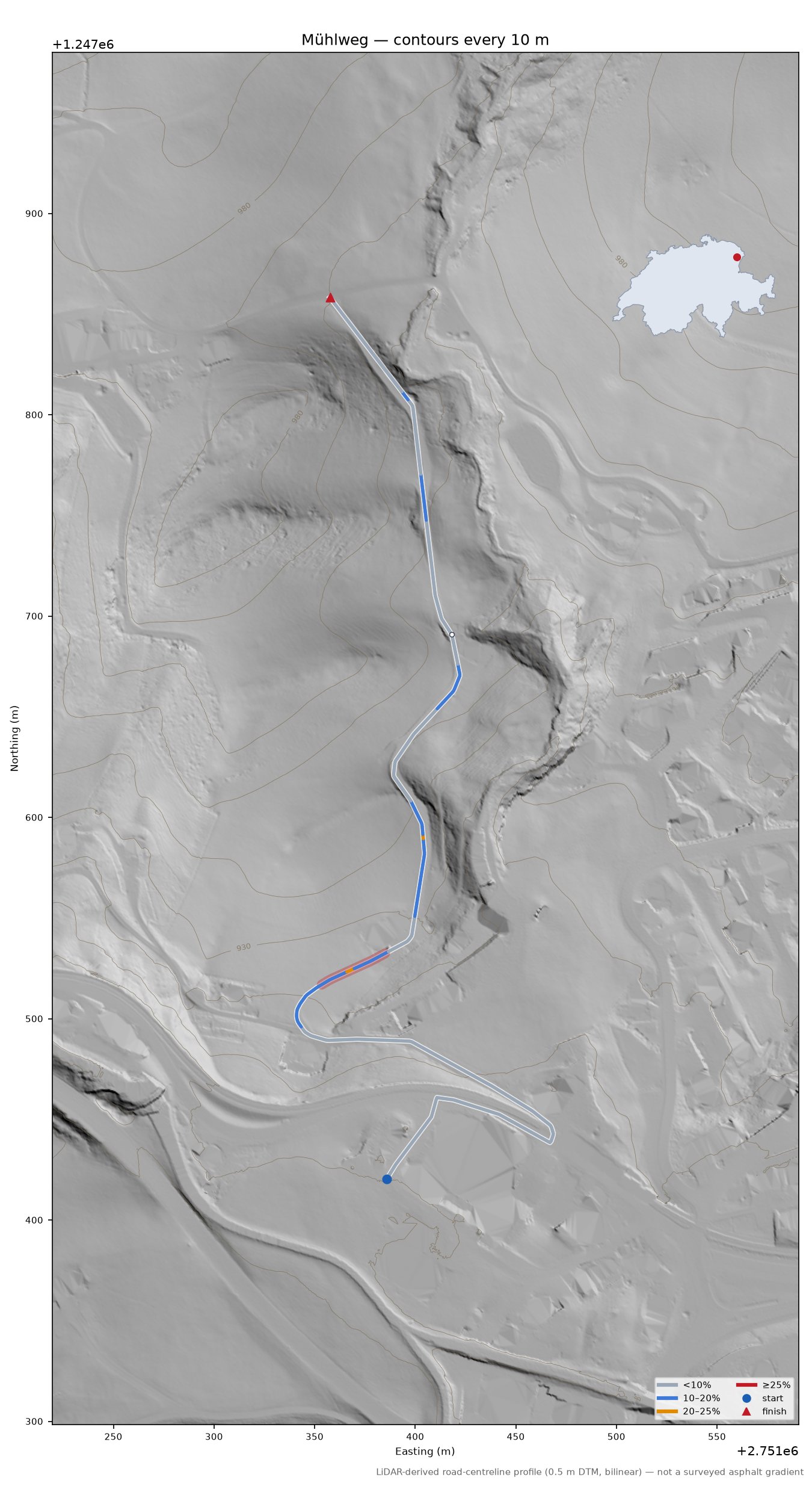 Mühlweg LiDAR hillshade map with contours