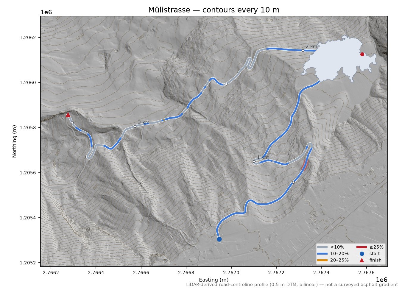 Mülistrasse LiDAR hillshade map with contours