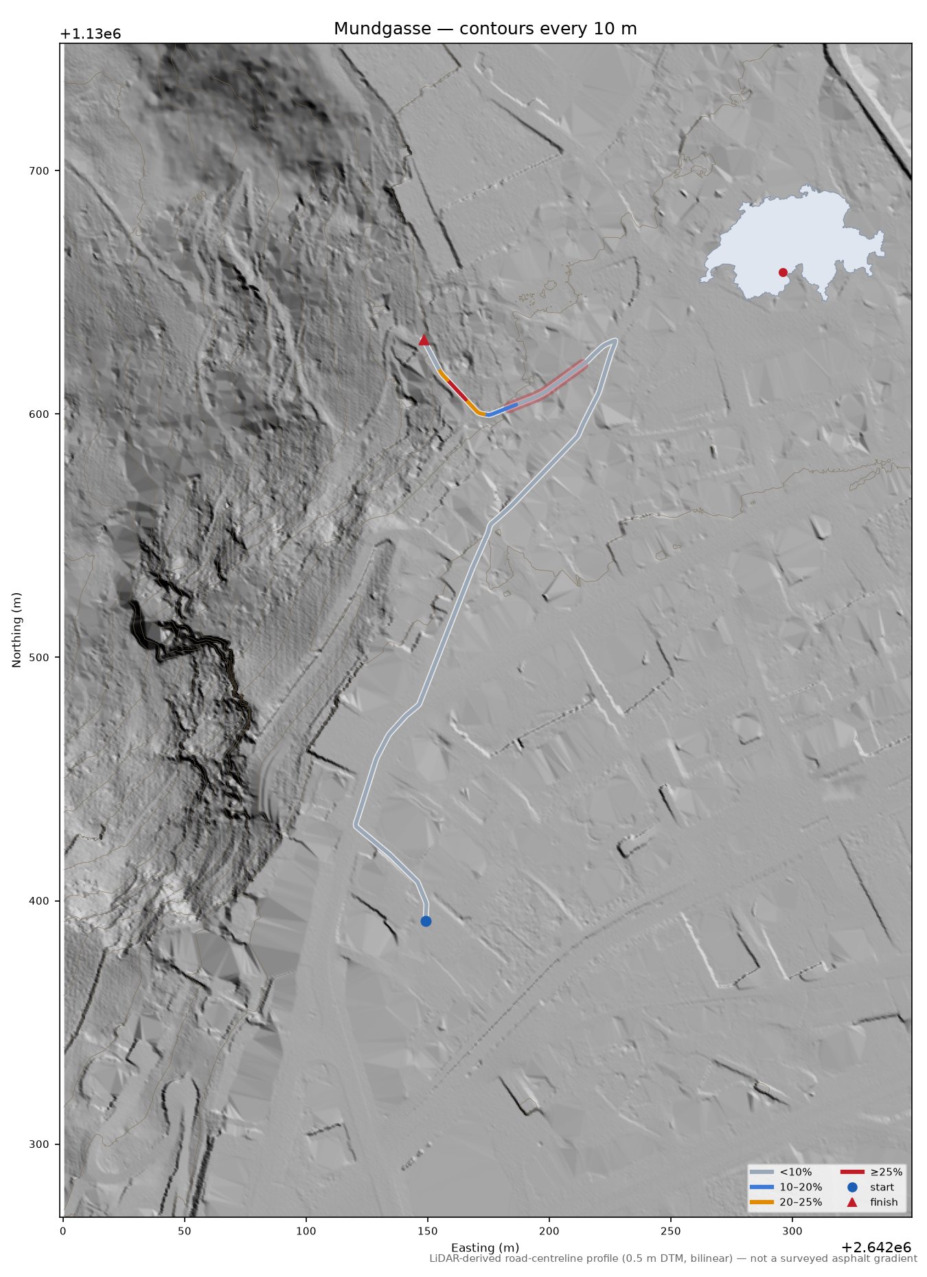 Mundgasse LiDAR hillshade map with contours