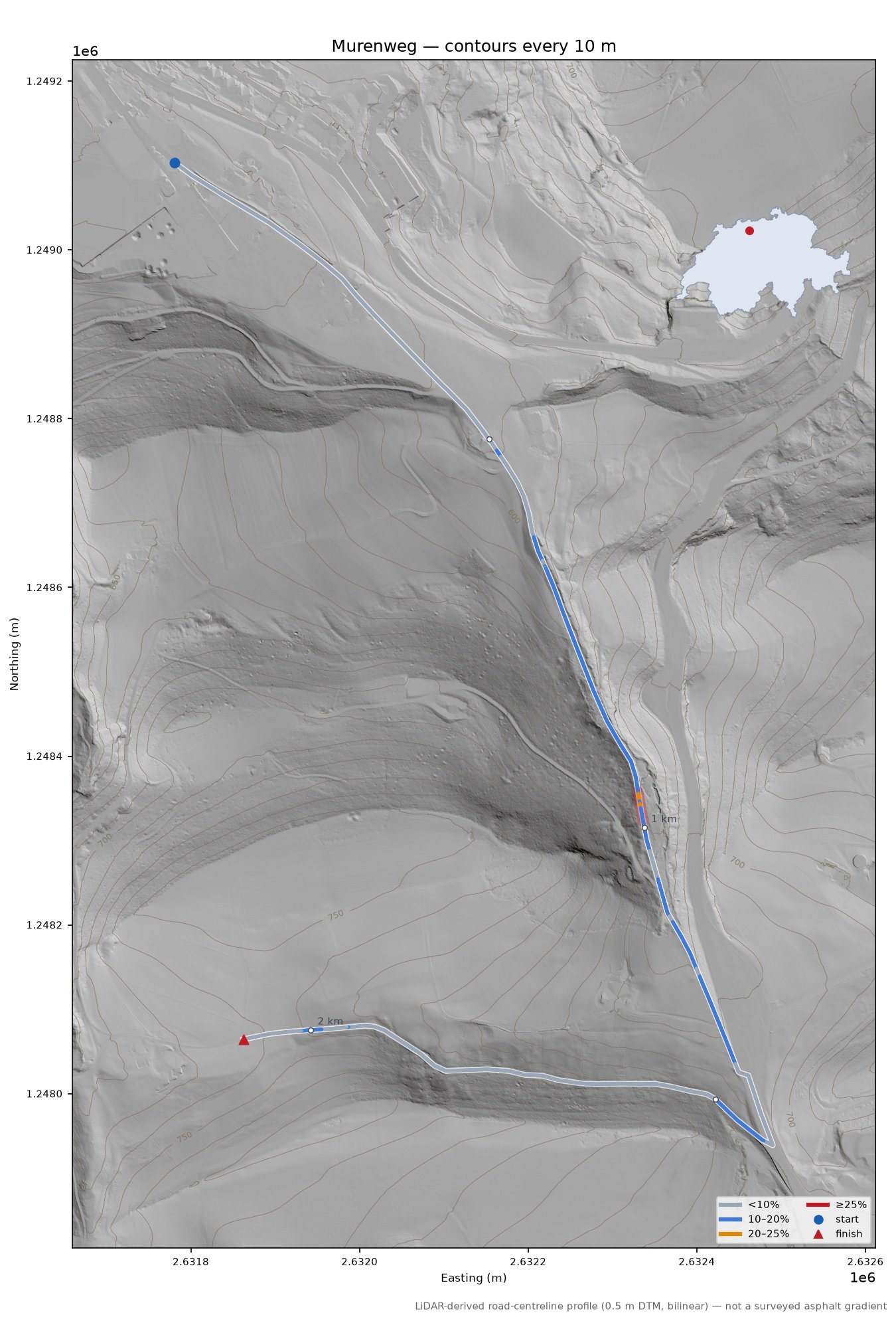 Murenweg LiDAR hillshade map with contours