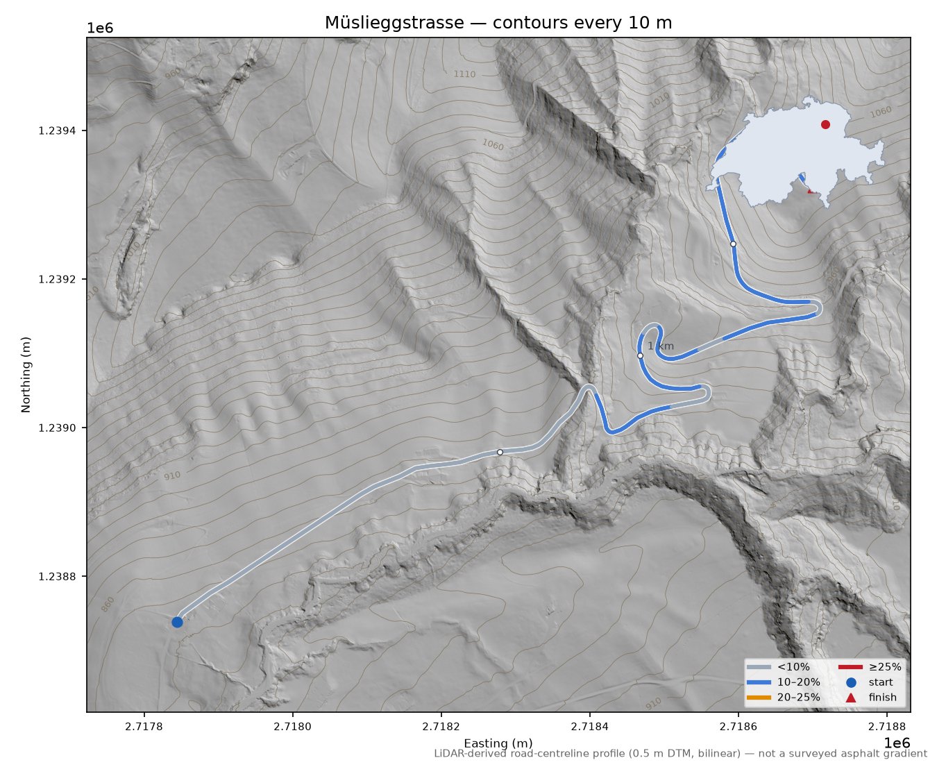 Müslieggstrasse LiDAR hillshade map with contours