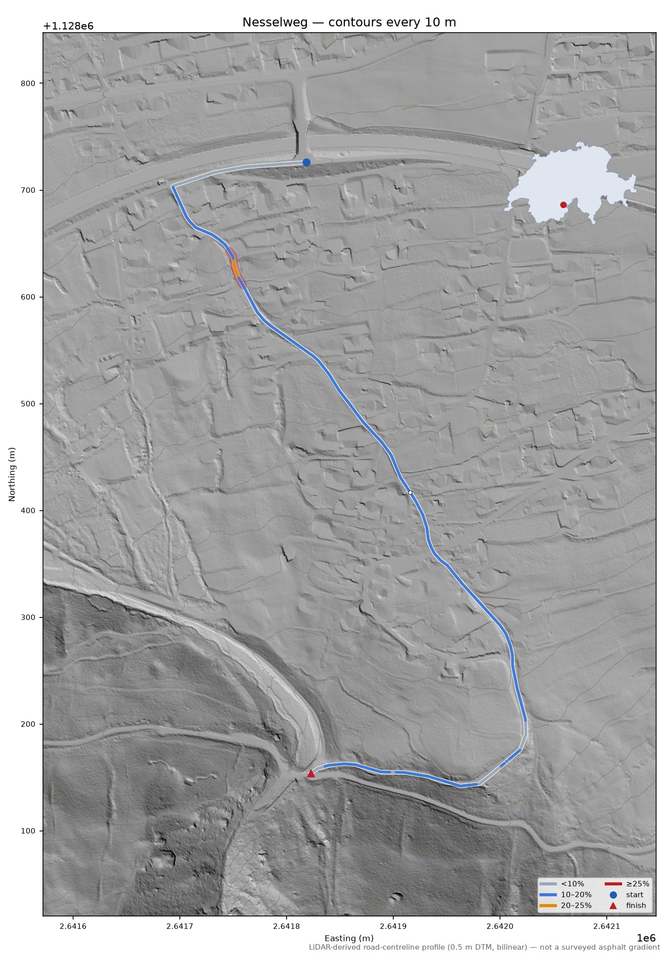 Nesselweg LiDAR hillshade map with contours