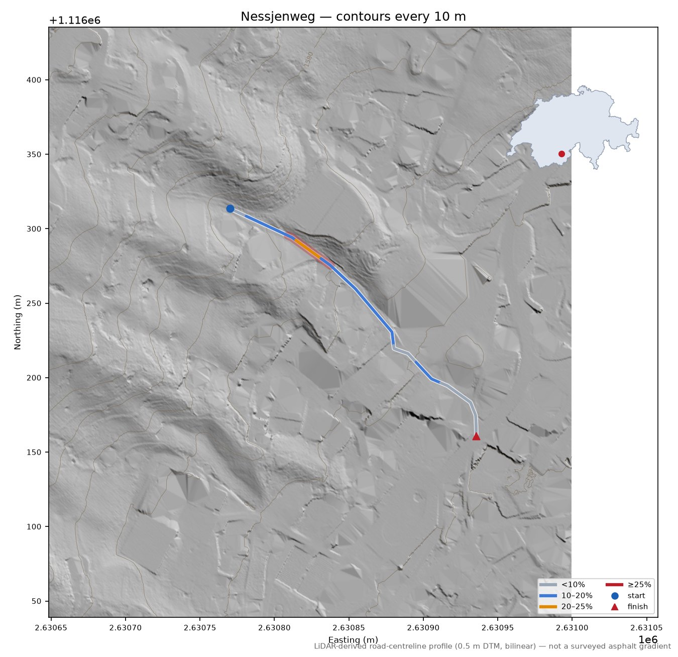 Nessjenweg LiDAR hillshade map with contours