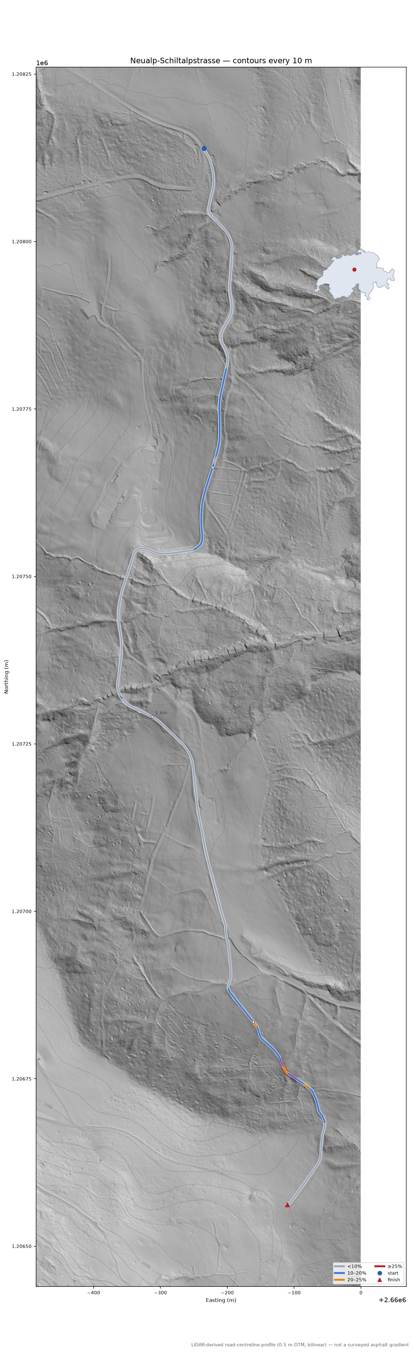 Neualp-Schiltalpstrasse LiDAR hillshade map with contours