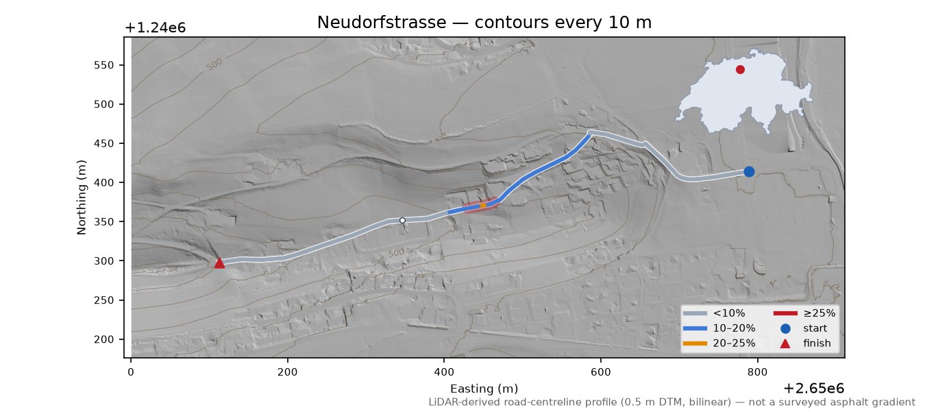 Neudorfstrasse LiDAR hillshade map with contours