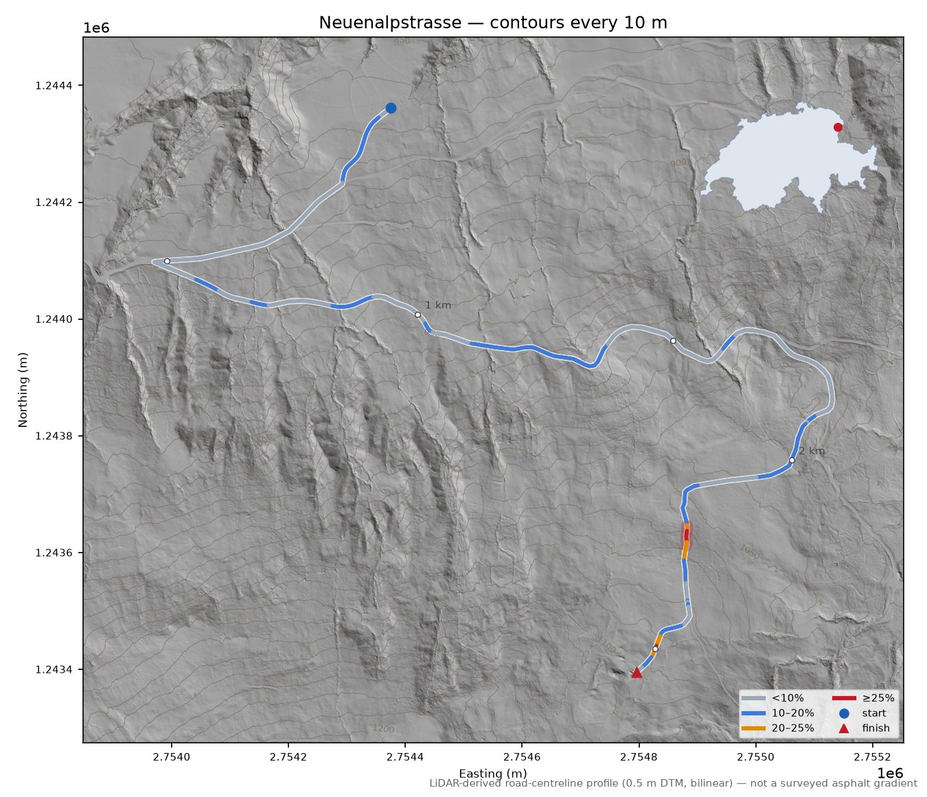 Neuenalpstrasse LiDAR hillshade map with contours