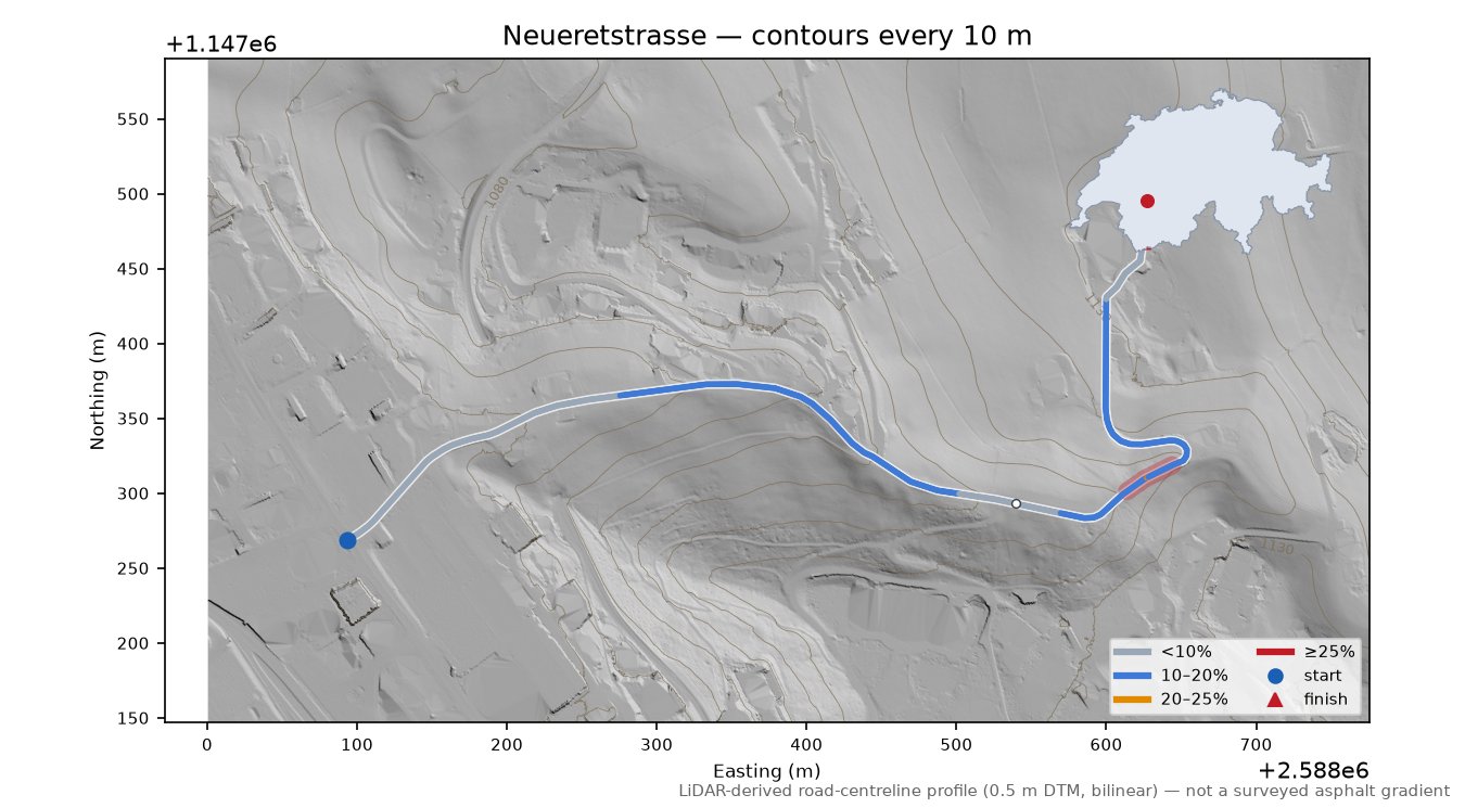 Neueretstrasse LiDAR hillshade map with contours