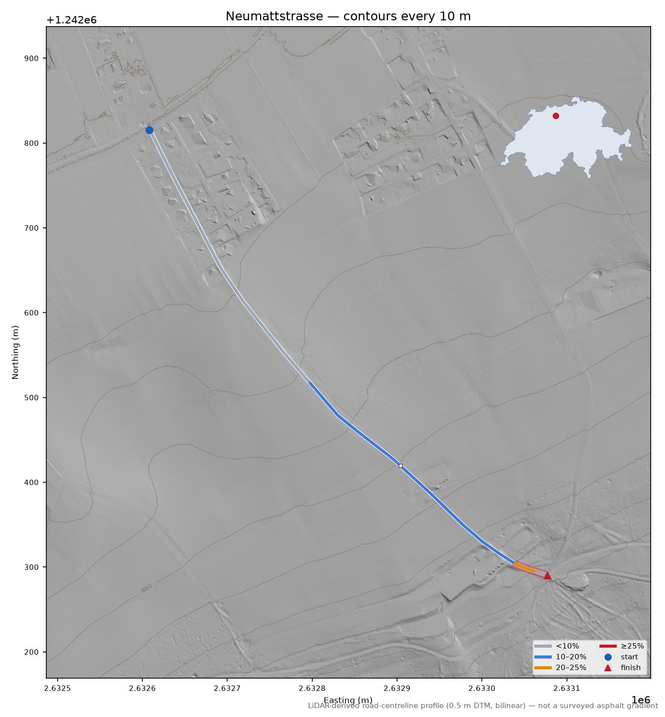 Neumattstrasse LiDAR hillshade map with contours