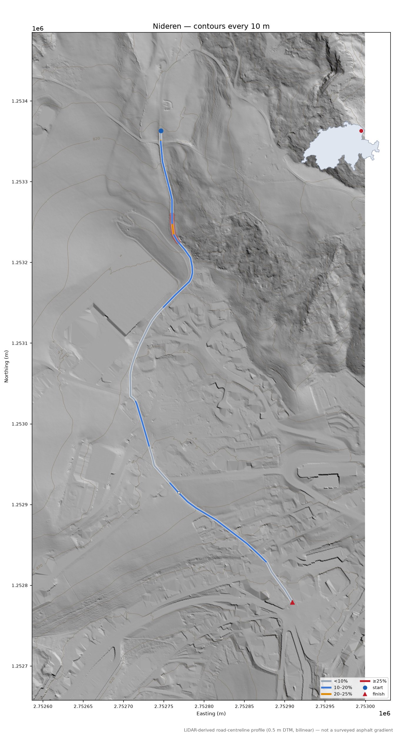 Nideren LiDAR hillshade map with contours