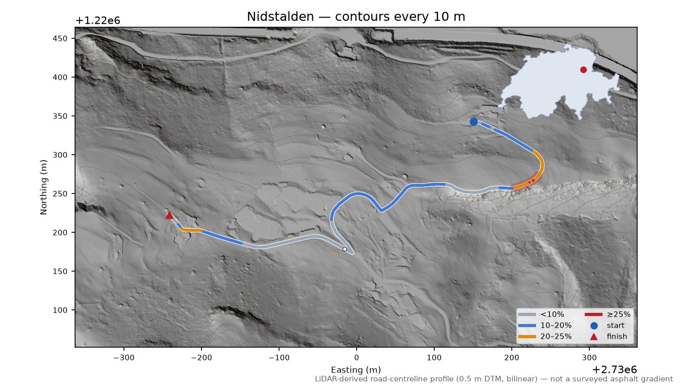 Nidstalden LiDAR hillshade map with contours