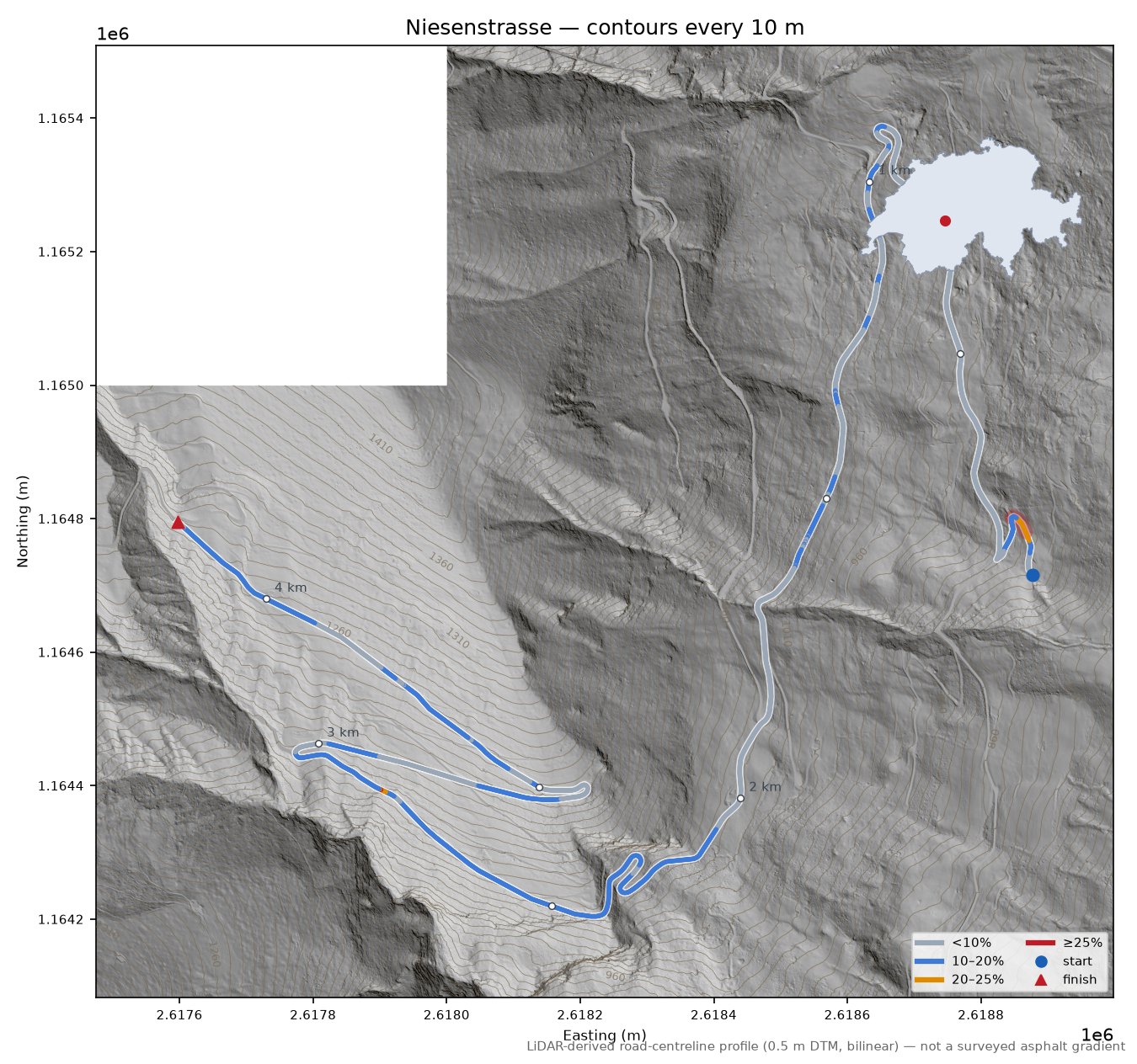 Niesenstrasse LiDAR hillshade map with contours