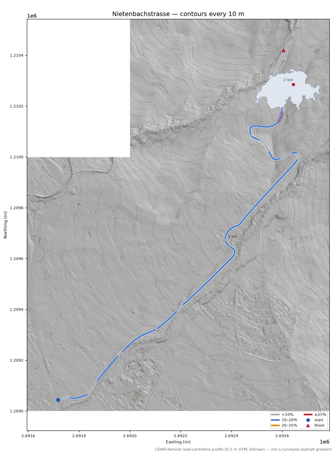 Nietenbachstrasse LiDAR hillshade map with contours