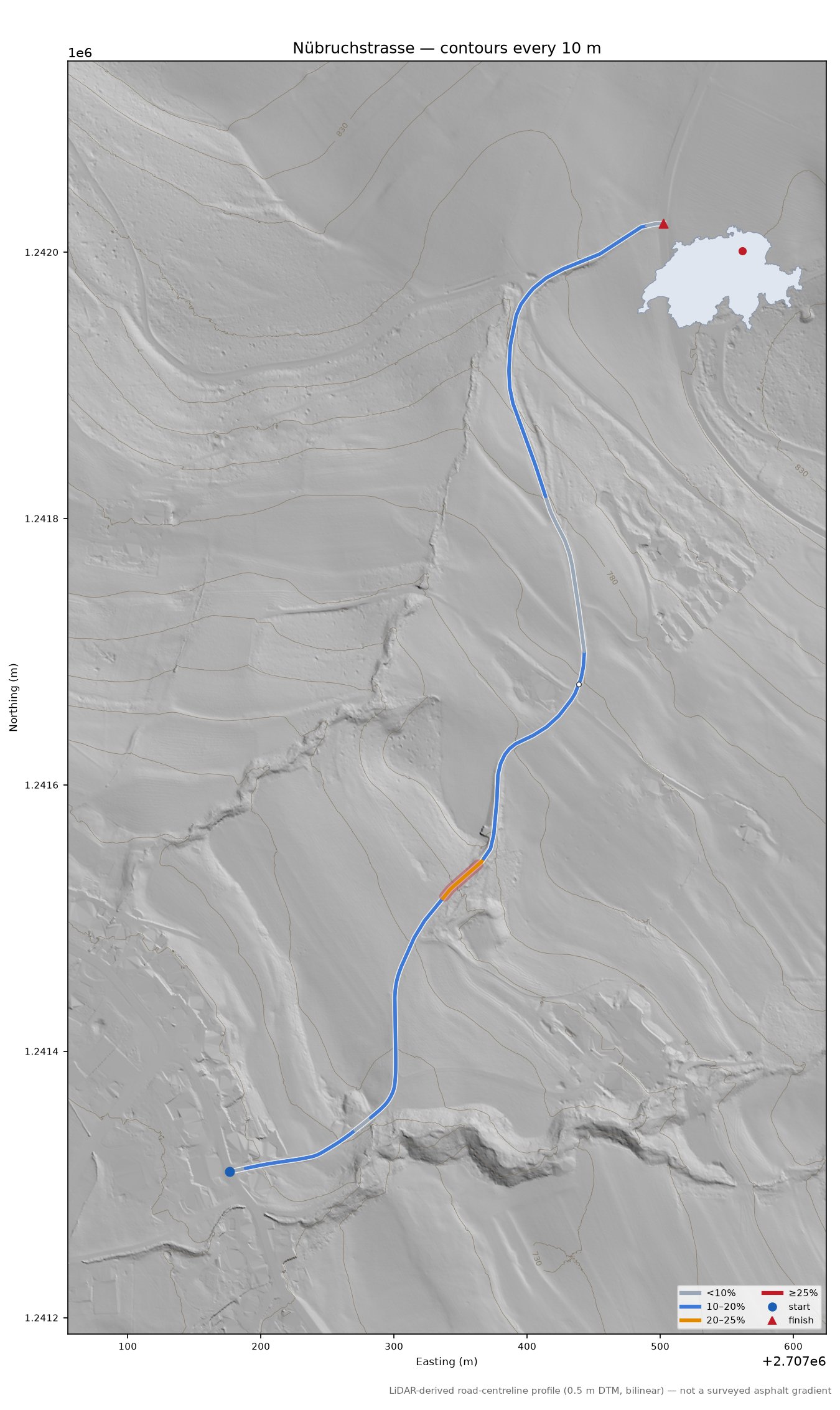 Nübruchstrasse LiDAR hillshade map with contours