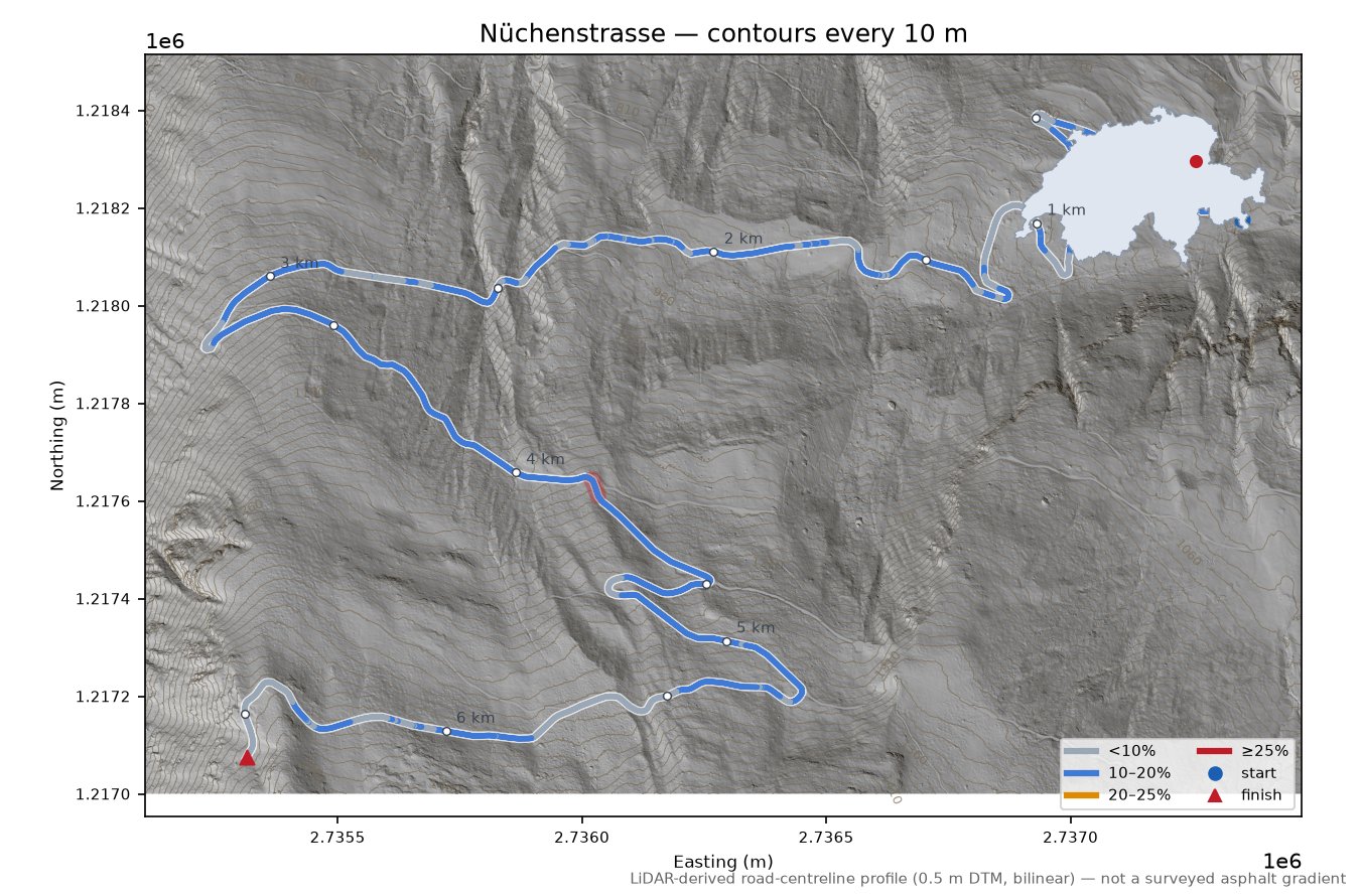 Nüchenstrasse LiDAR hillshade map with contours