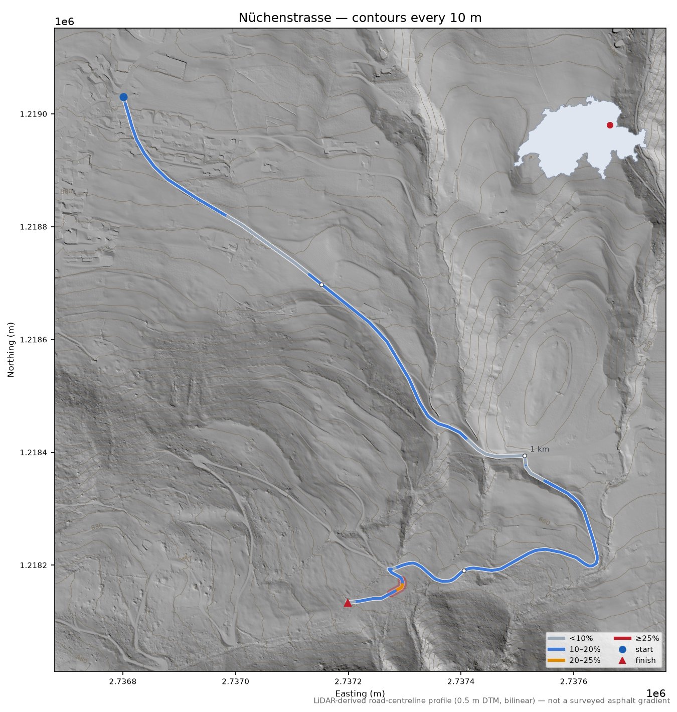 Nüchenstrasse LiDAR hillshade map with contours