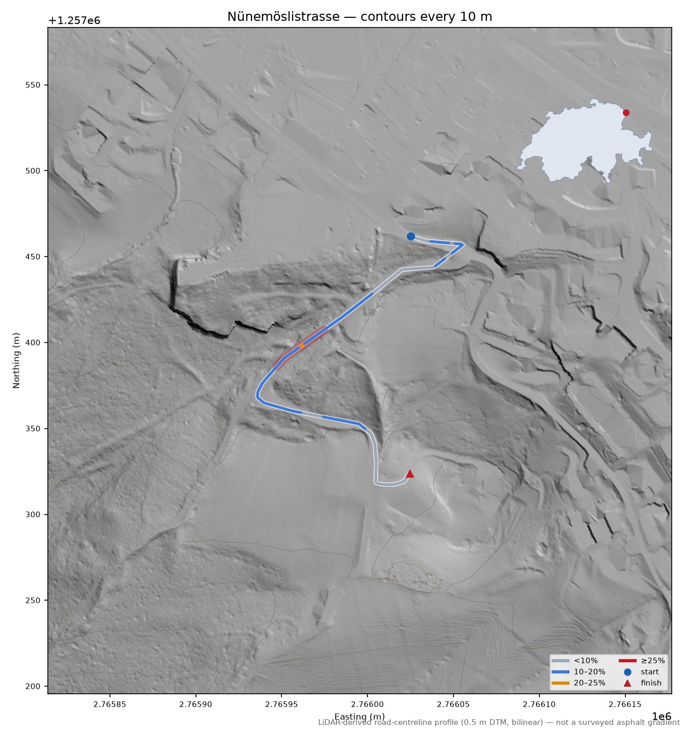 Nünemöslistrasse LiDAR hillshade map with contours