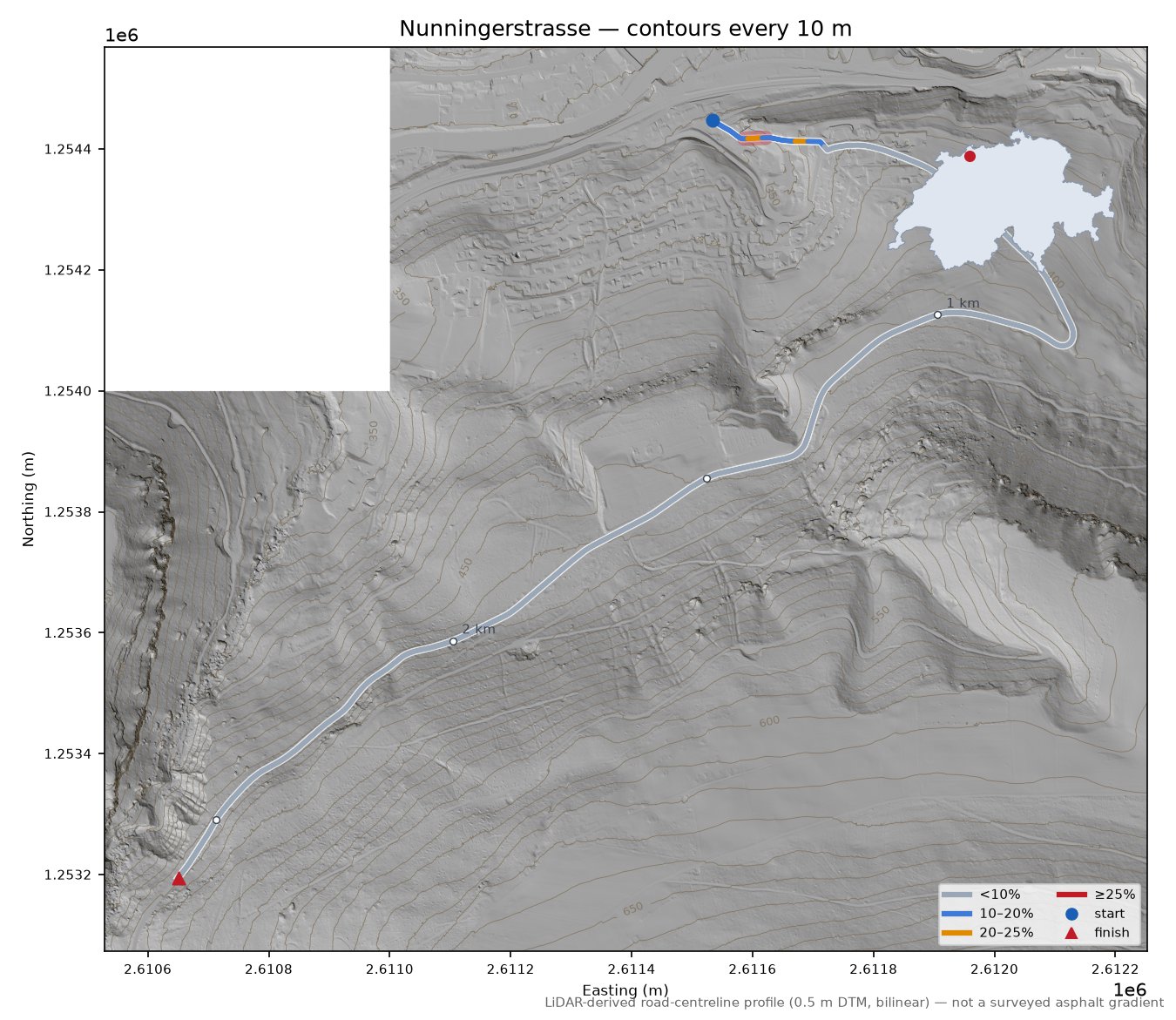 Nunningerstrasse LiDAR hillshade map with contours