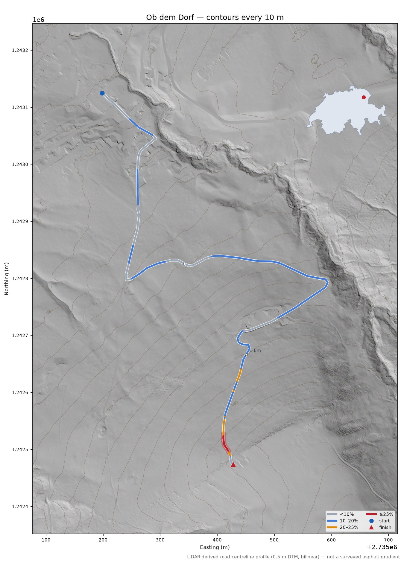 Ob dem Dorf LiDAR hillshade map with contours