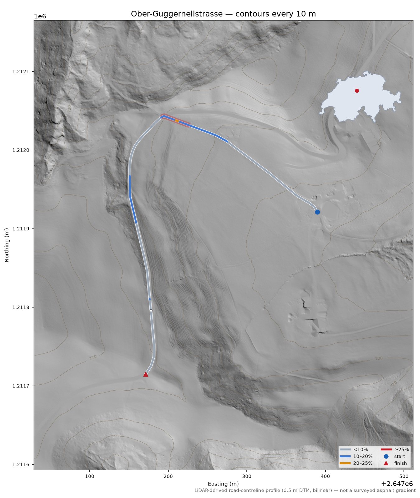 Ober-Guggernellstrasse LiDAR hillshade map with contours