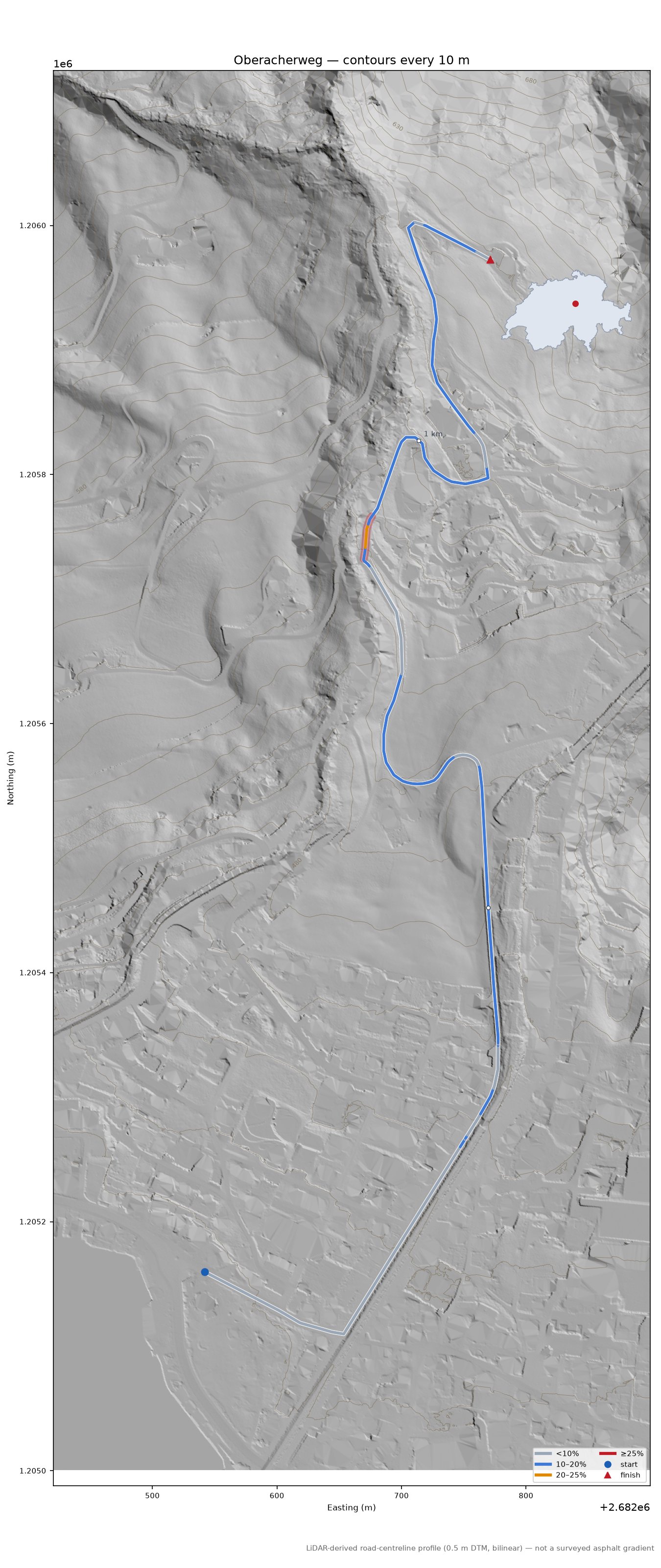 Oberacherweg LiDAR hillshade map with contours