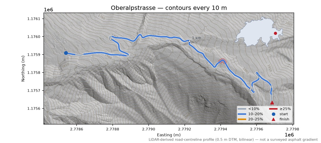 Oberalpstrasse LiDAR hillshade map with contours