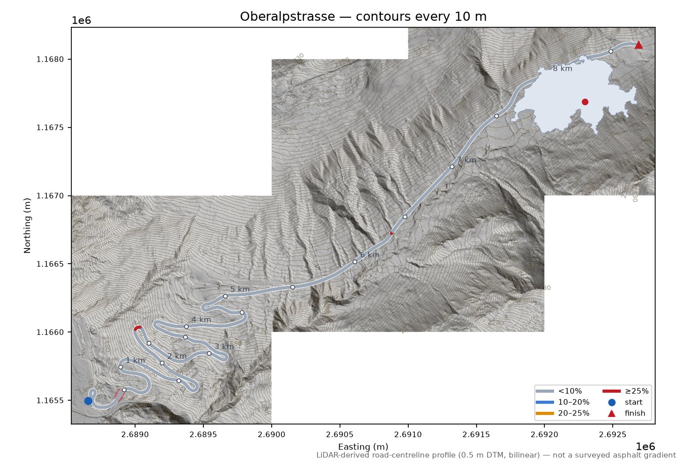 Oberalpstrasse LiDAR hillshade map with contours