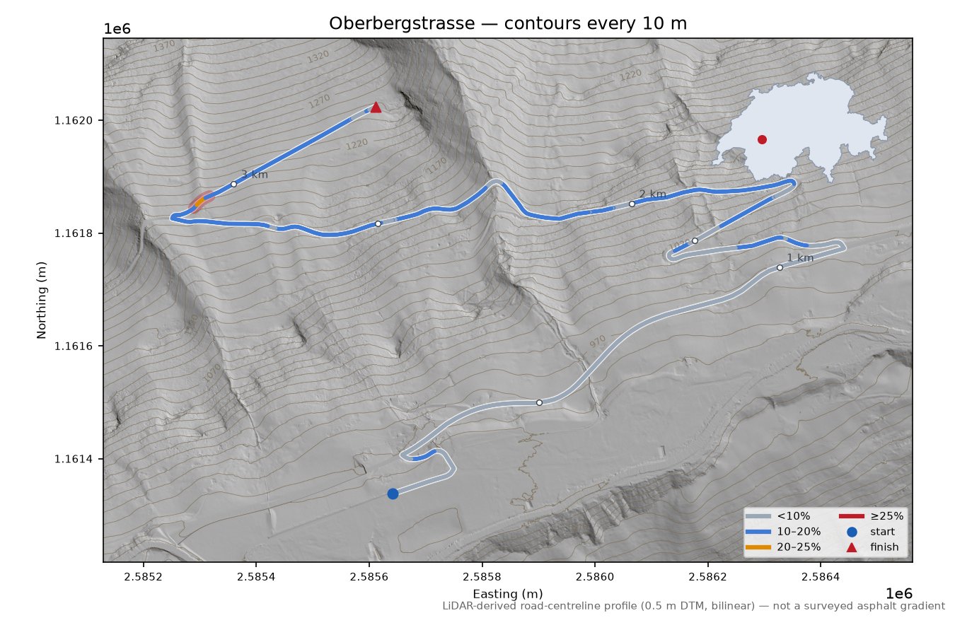 Oberbergstrasse LiDAR hillshade map with contours