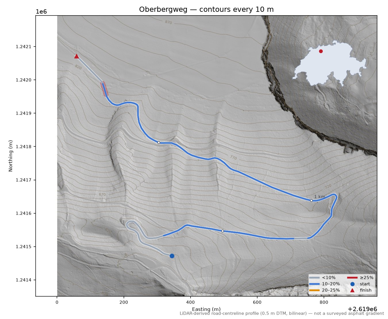 Oberbergweg LiDAR hillshade map with contours