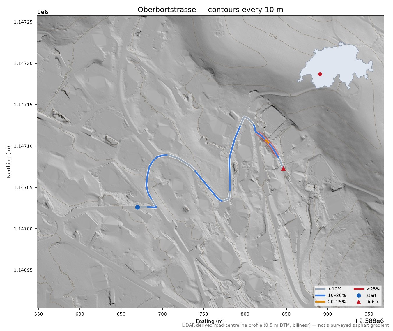 Oberbortstrasse LiDAR hillshade map with contours