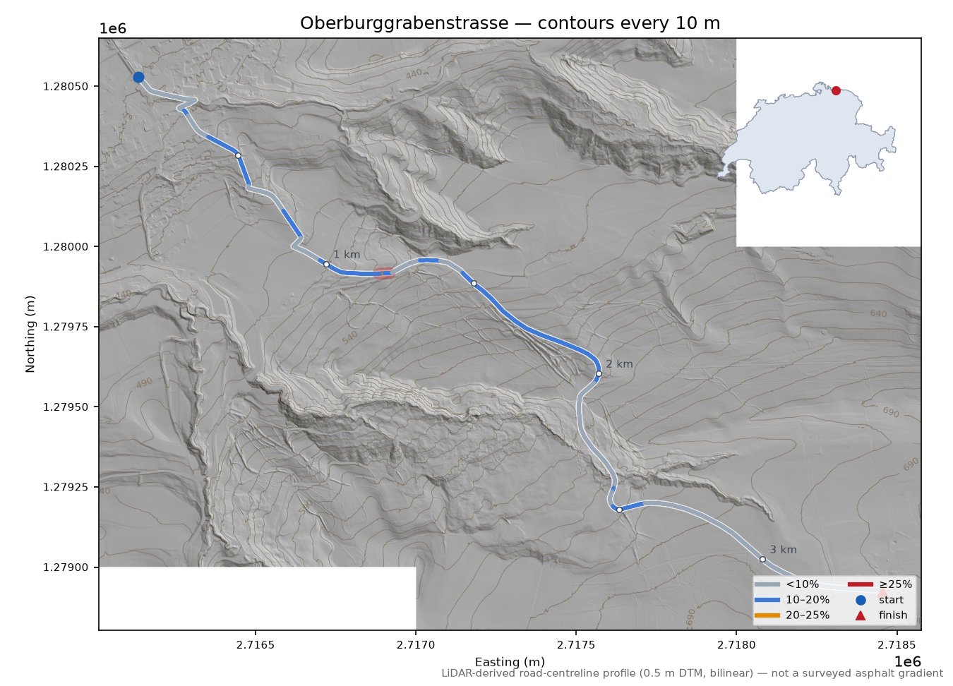 Oberburggrabenstrasse LiDAR hillshade map with contours