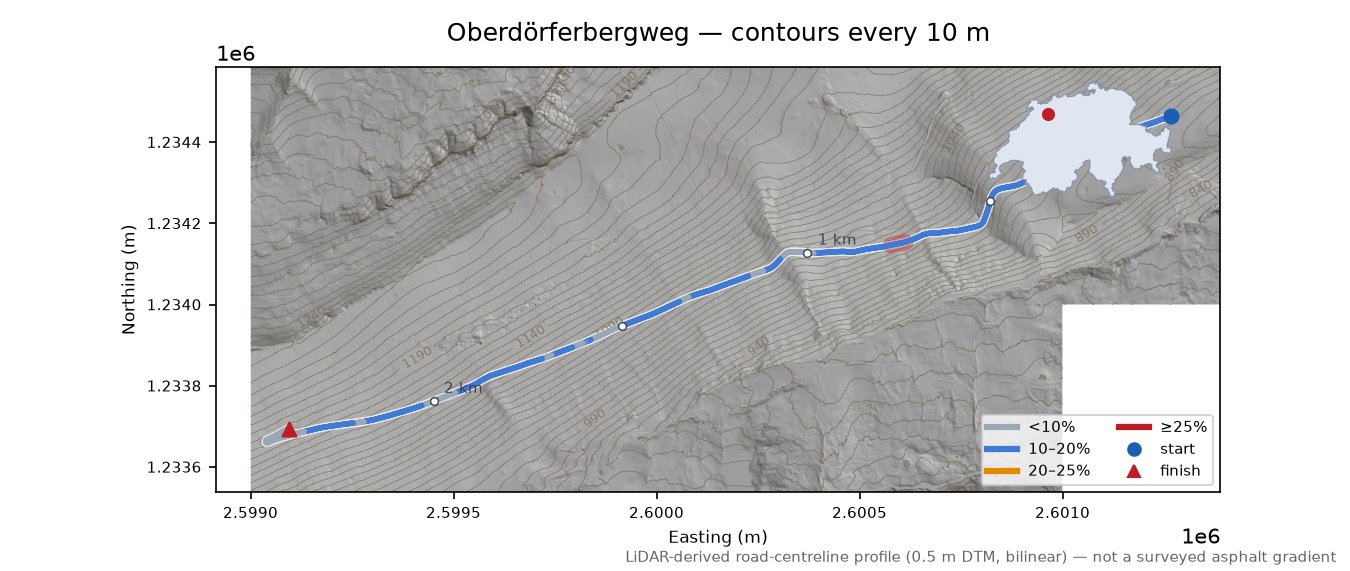 Oberdörferbergweg LiDAR hillshade map with contours