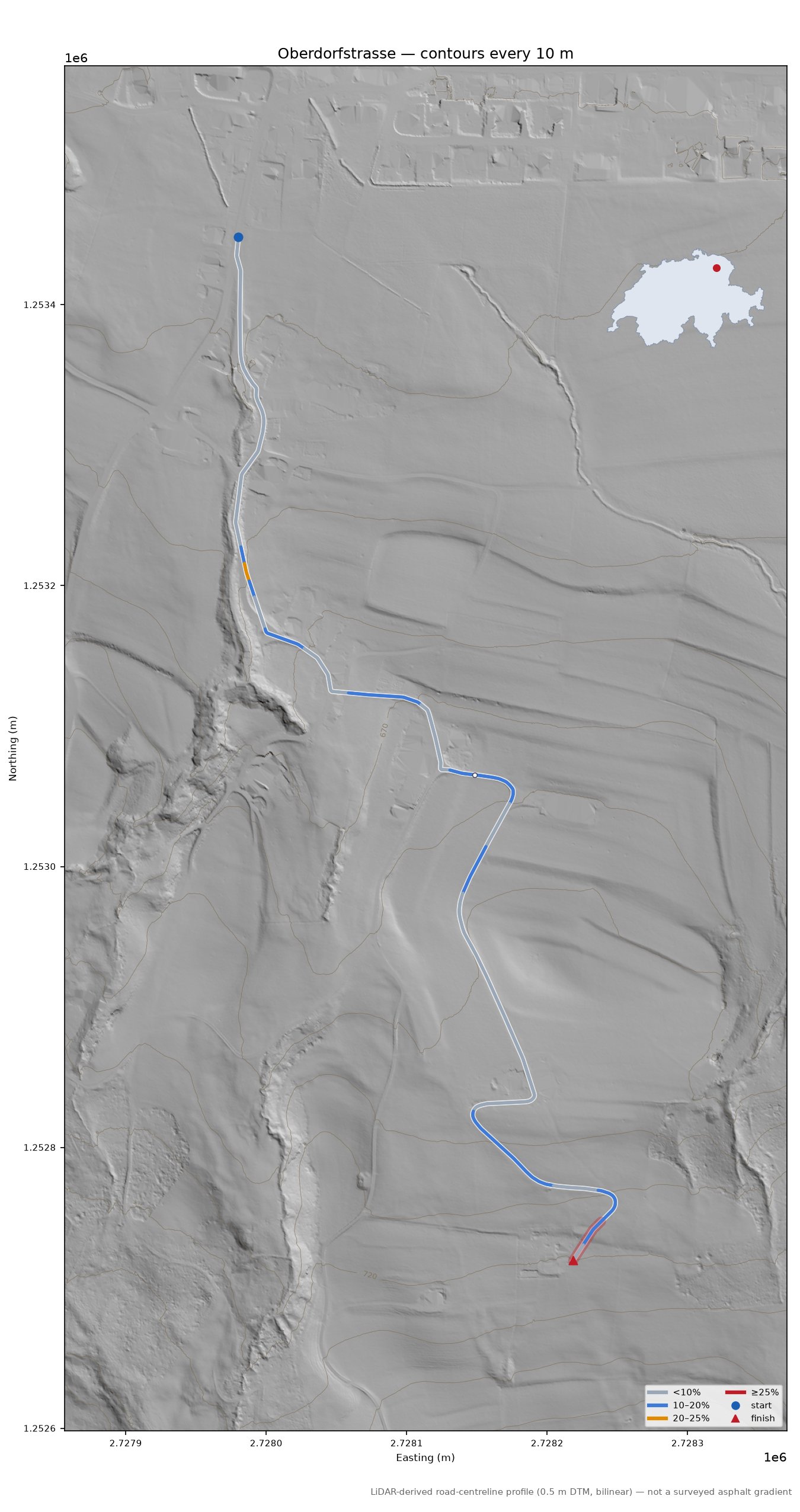 Oberdorfstrasse LiDAR hillshade map with contours